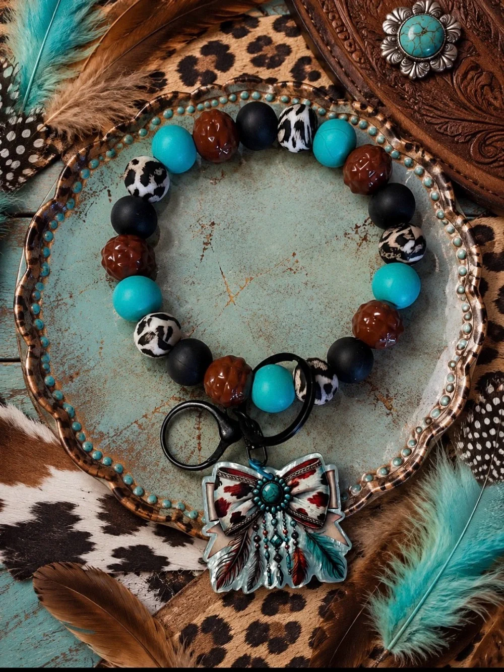Hand Crafted Beaded Wristlet Keychain with Feather Bow Charm